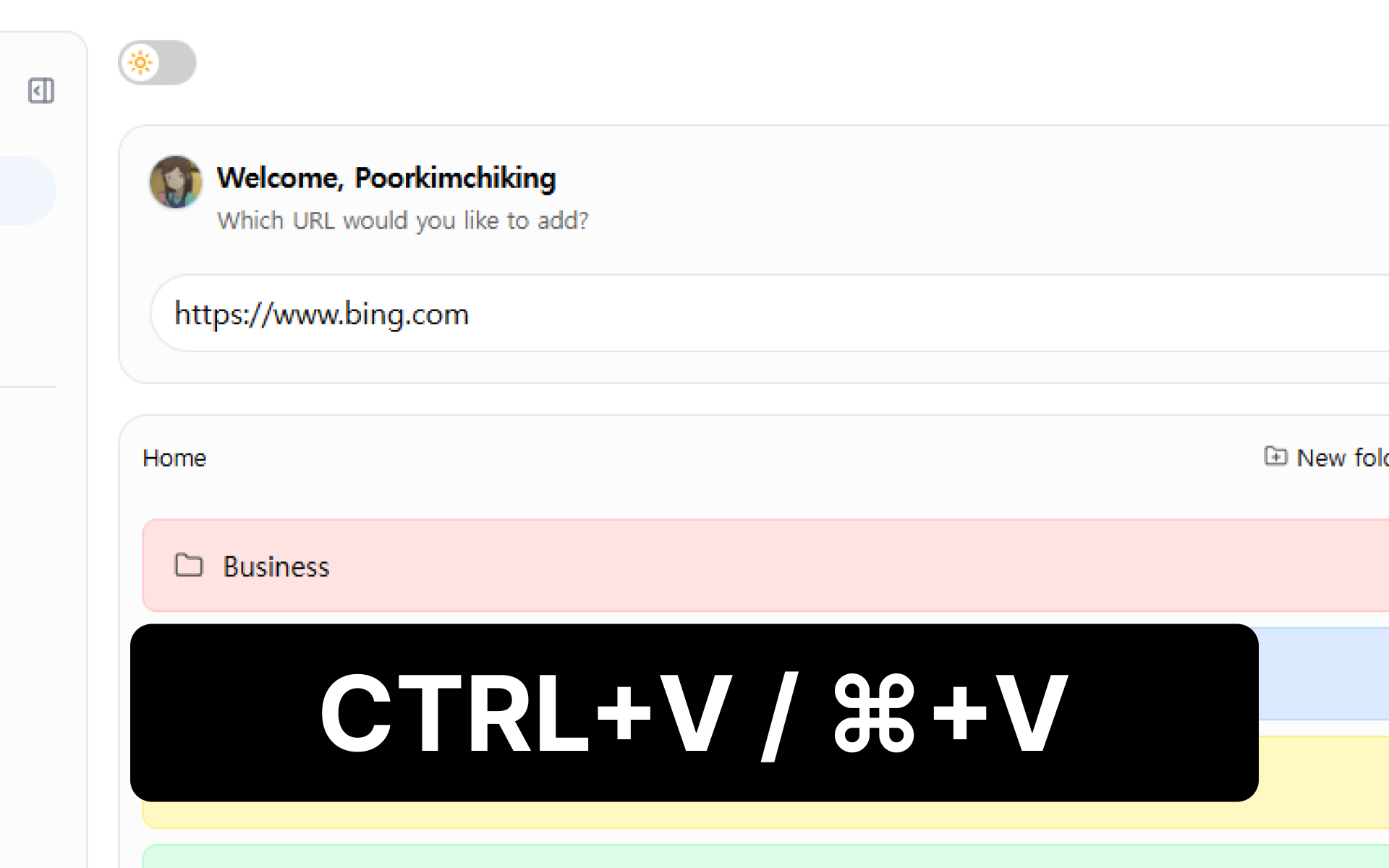 Saving a link from the URL input on the Urlala desktop screen
