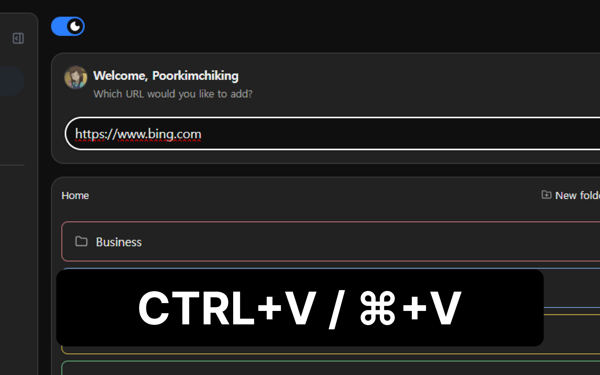 Saving a link from the URL input on the Urlala desktop screen