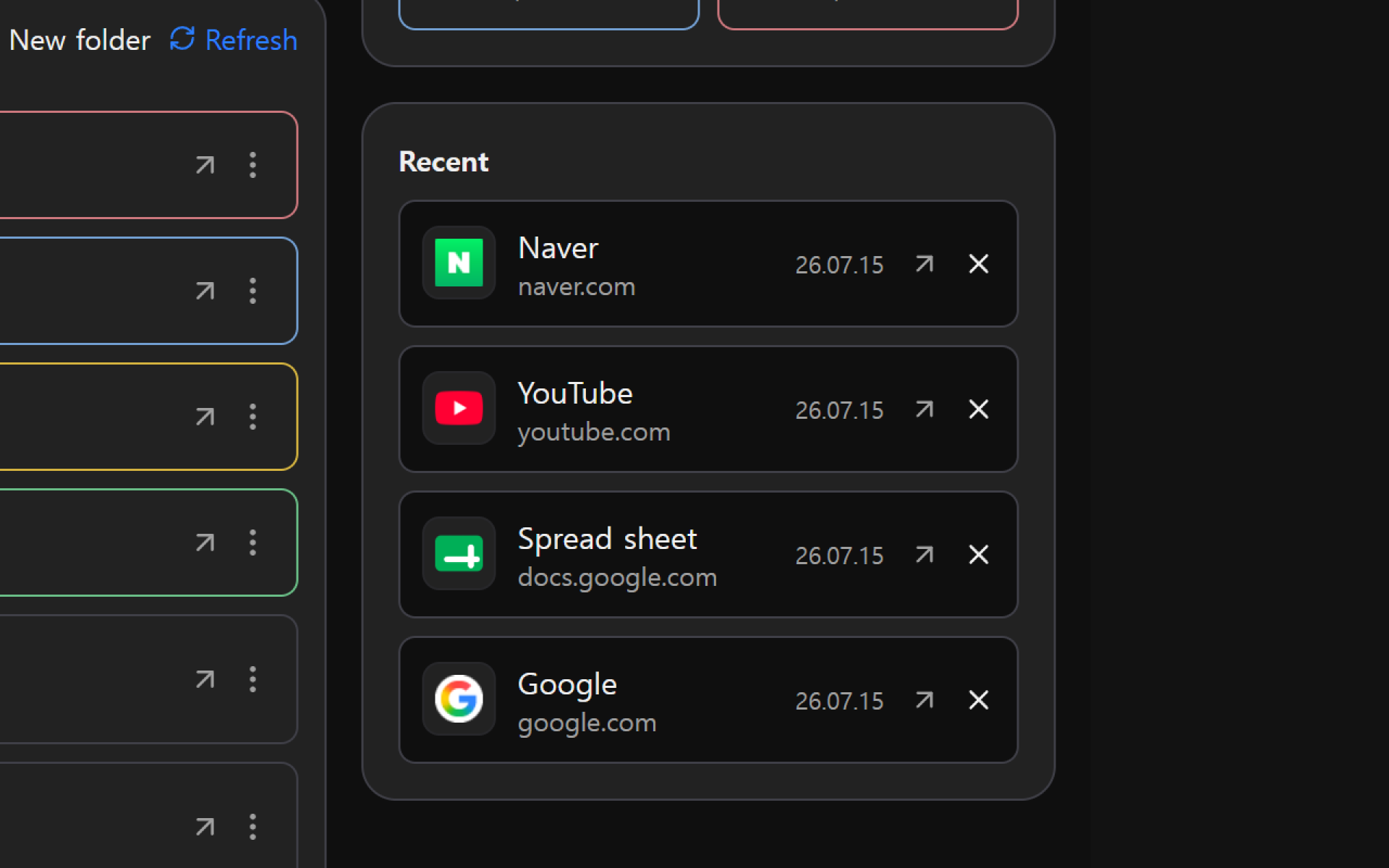 Recently opened links on the Urlala home screen