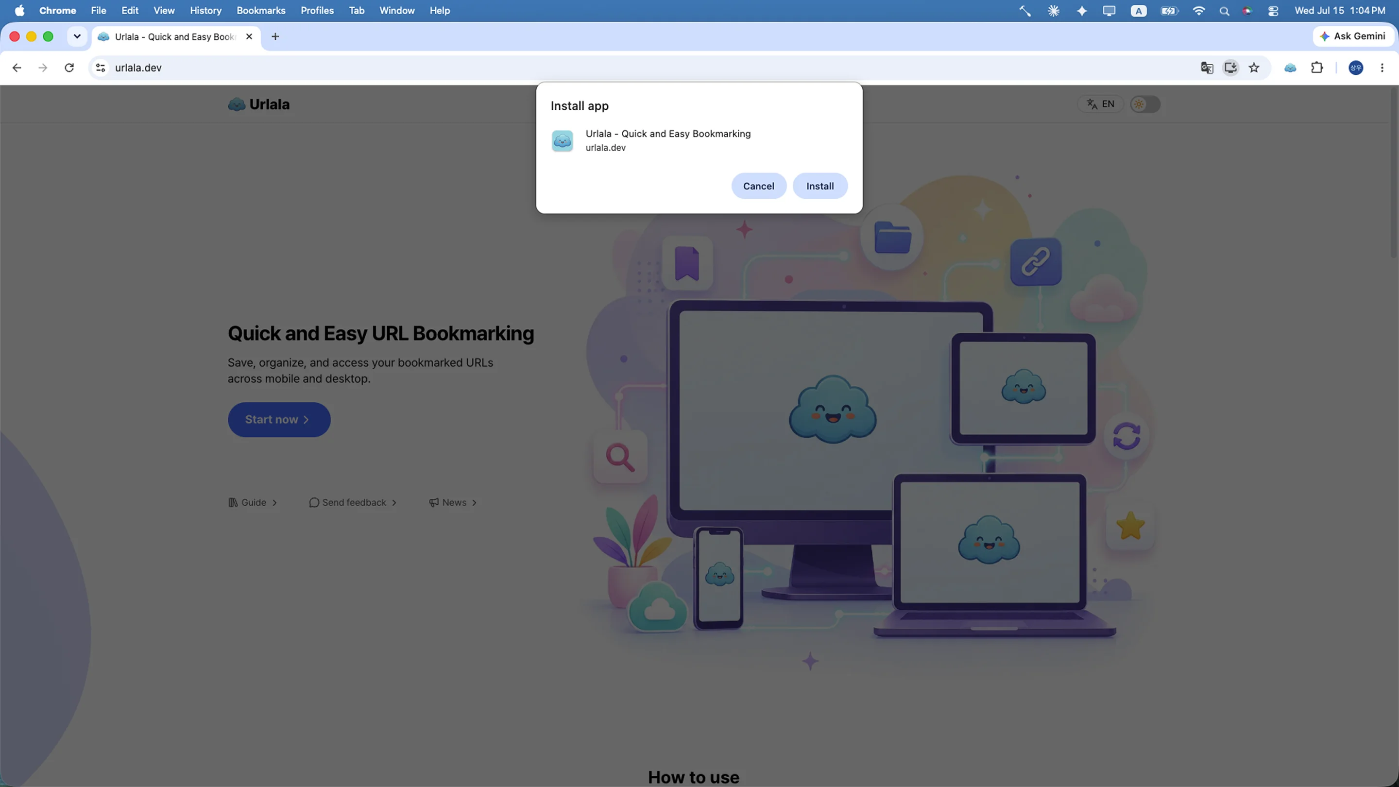 Chrome pop-up asking whether to install Urlala