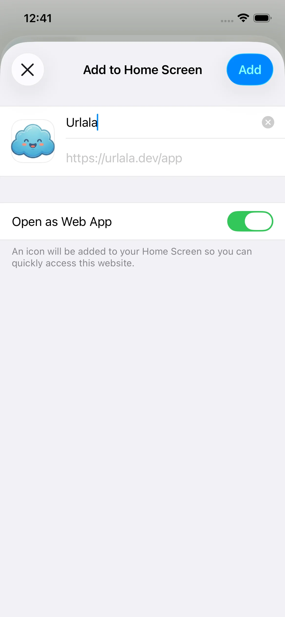 Add to Home Screen page with Open as Web App enabled for Urlala
