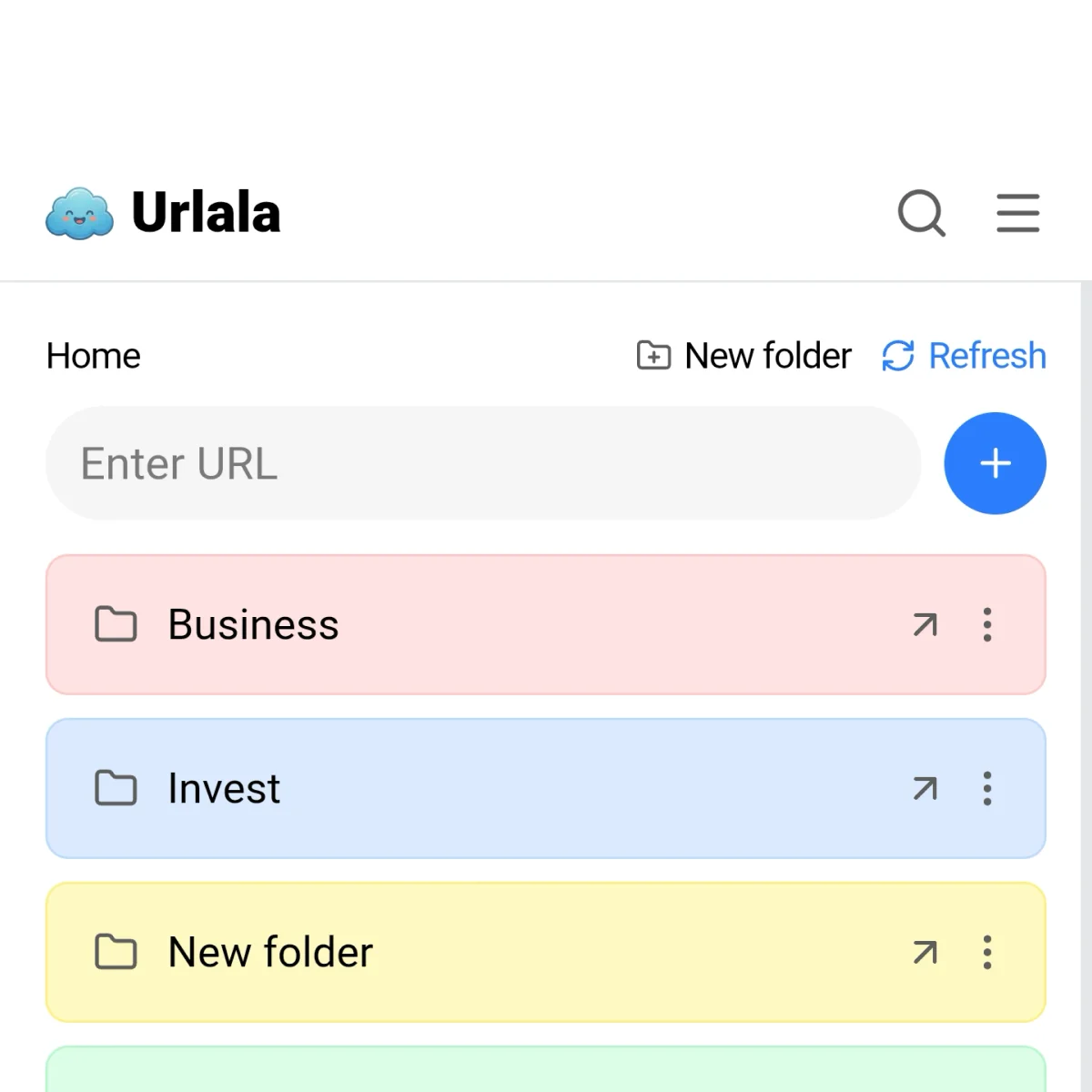 Urlala 홈 화면 상단의 새 폴더 버튼과 폴더 목록