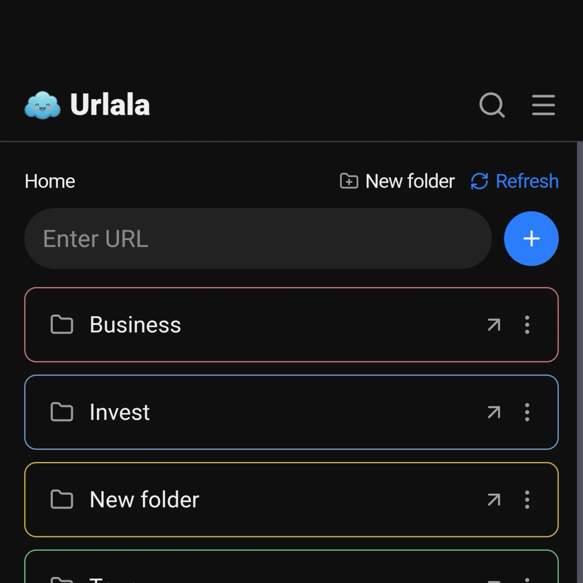 Urlala 홈 화면 상단의 새 폴더 버튼과 폴더 목록